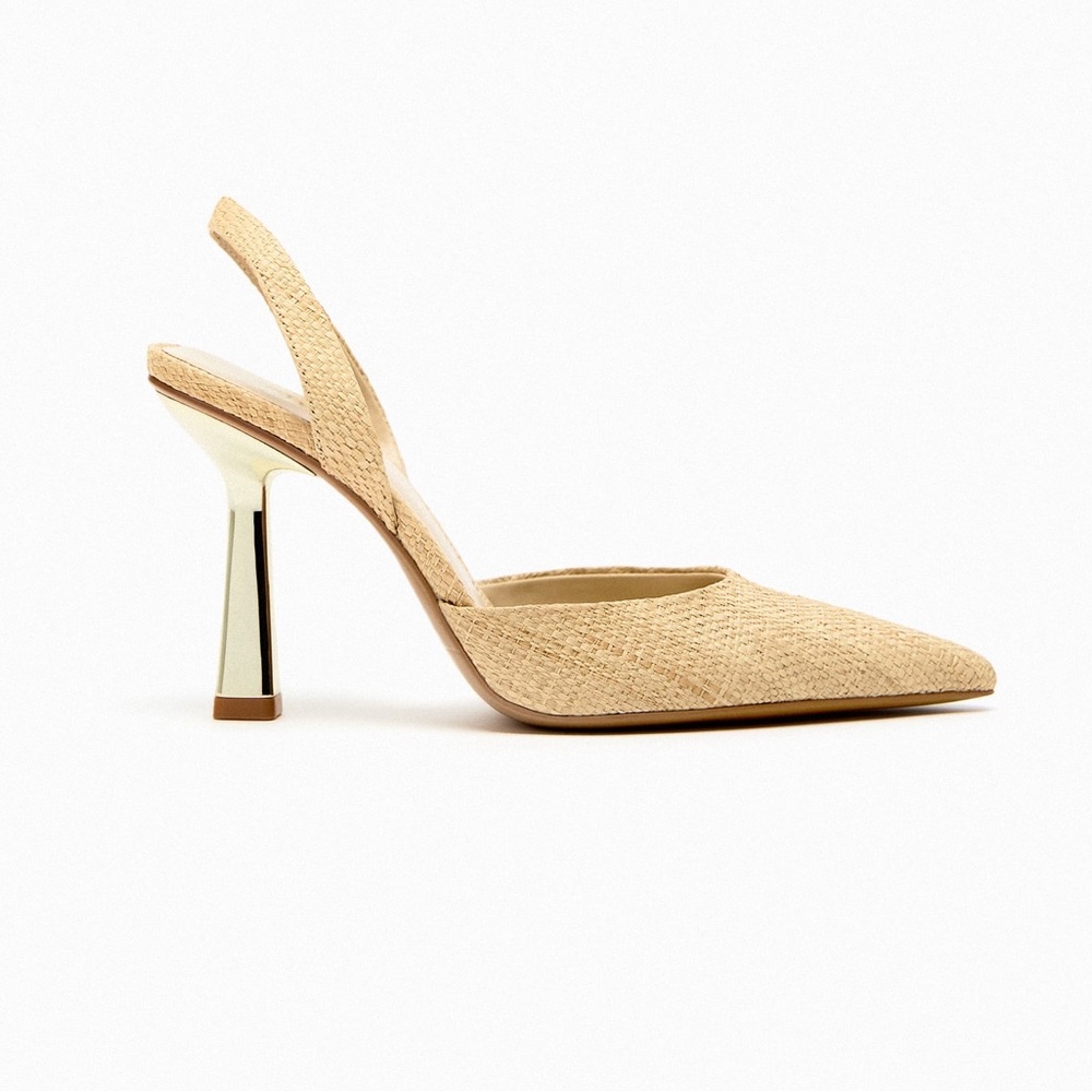 NWT. Zara Raffia High Heel Slingback Pumps. Size 6